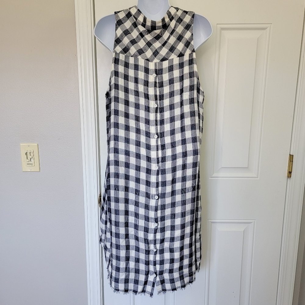 Cloth & Stone Anthropologie V Neck Sleeveless Gingham Blue White Dress Check L - Picture 7 of 13